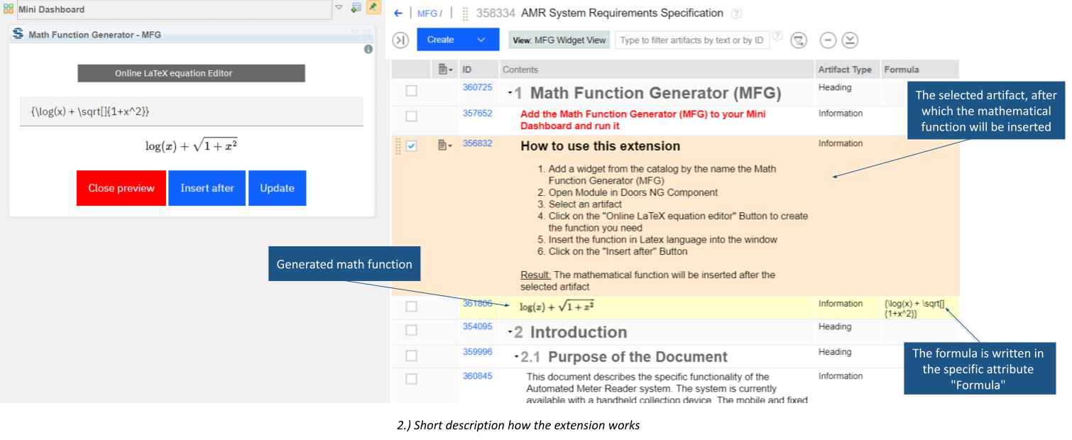 Layout: There is the selected artifact after which the function is inserted, then the generated math function and finally the formula