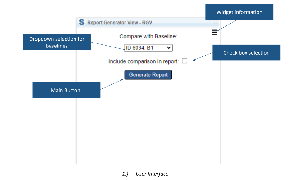 Dropdown selection for baselines, widget information, main button